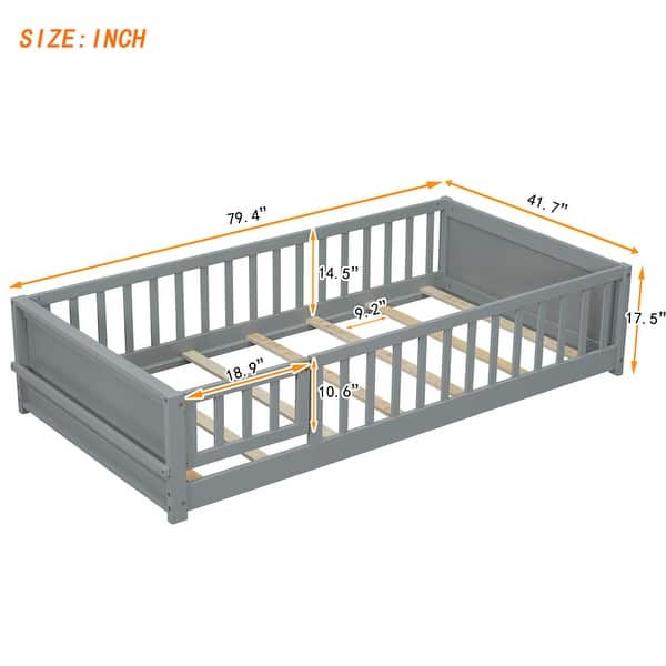 dimension image slide 1 of 3, Twin size Floor Platform Bed with Built-in Book Storage Rack,Door