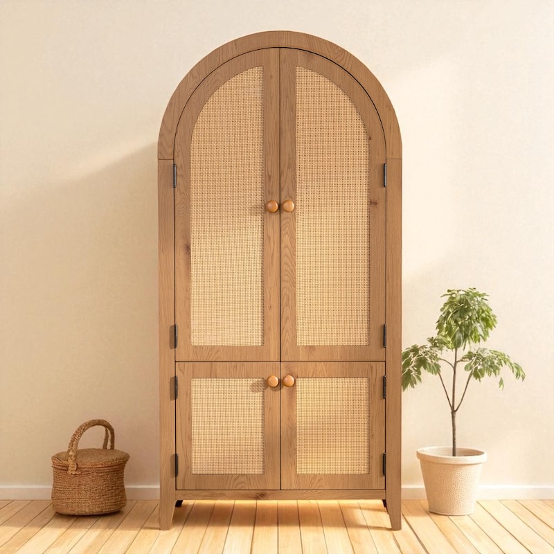 Arched Rattan Storage Cabinet with Doors and Adjustable Shelves, 63" Freestanding Pantry Cupboard. - Natural