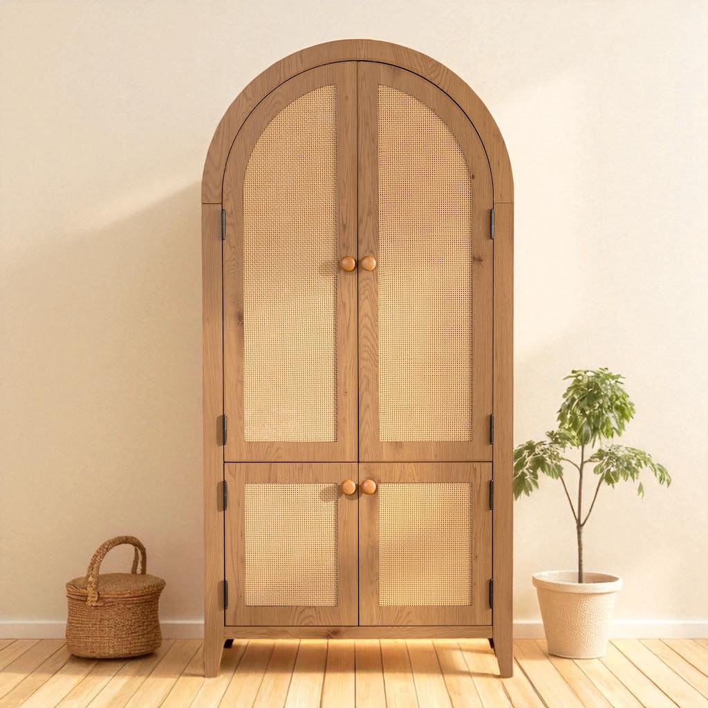 Arched Rattan Storage Cabinet with Doors and Adjustable Shelves, 63" Freestanding Pantry Cupboard.
