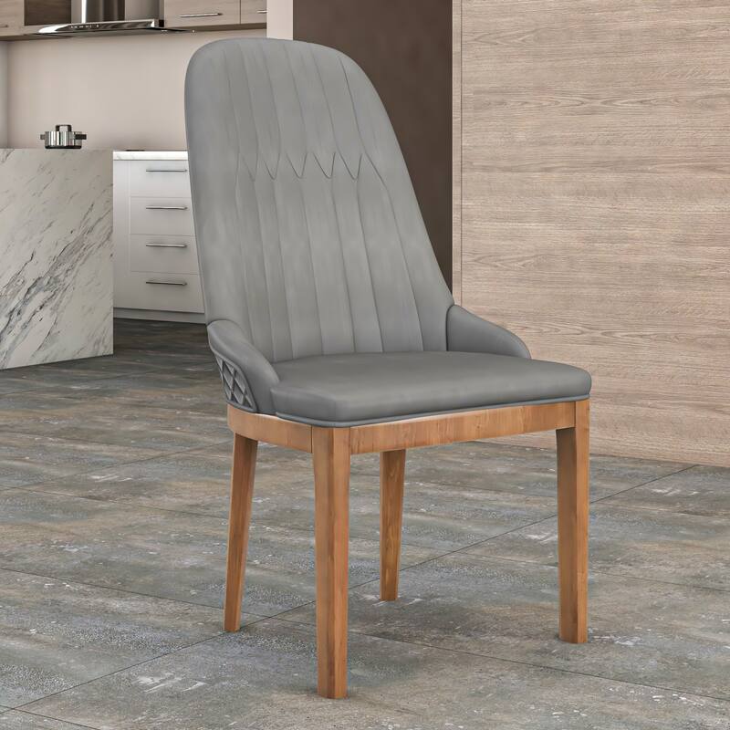 Leather Dining Chair with Rubberwood Legs Side Charis Sleek Diamond Stitching Back