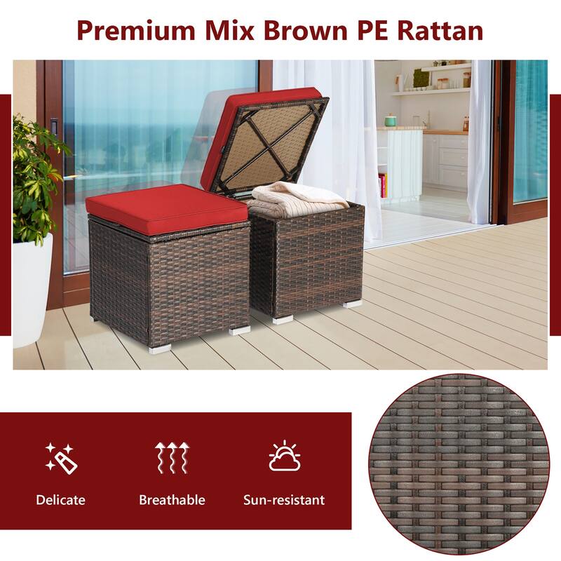Costway 2PCS Patio Rattan Ottomans Seat Side Table Storage Box - See Details