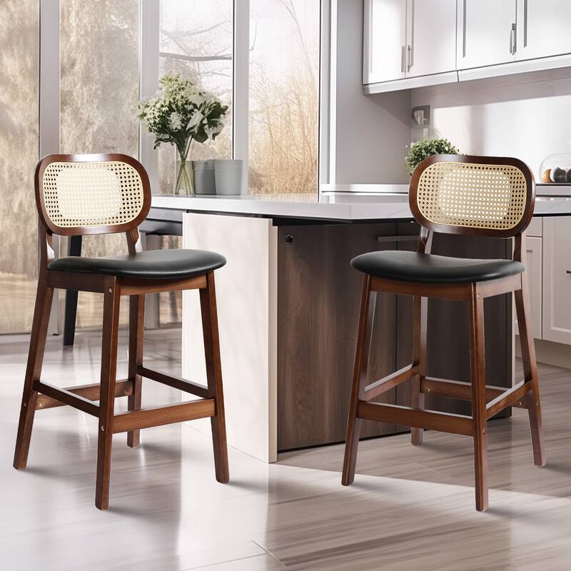 Wood Upholstered Counter Height Bar Stools with Rattan Back - 36.81"H x 17.72"W x 18.7"D