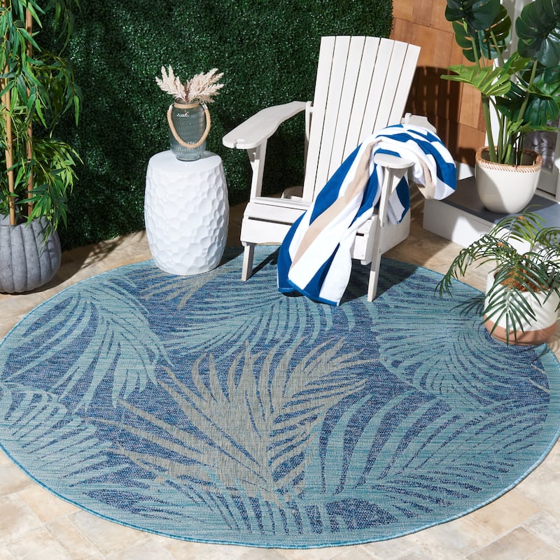 SAFAVIEH Courtyard Nott Tropical Indoor/ Outdoor Waterproof Patio Backyard Rug - 6'7" Round - Aqua/Navy