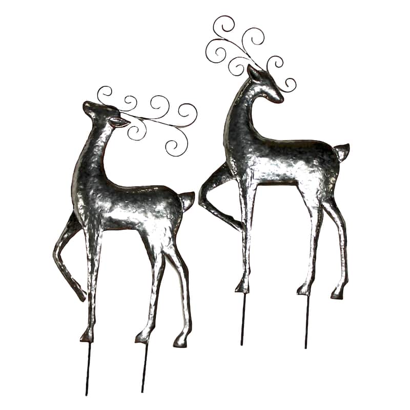 29" Shiny Silver Galvanized Reindeer Yard Stake, Set of 2 - Multicolor