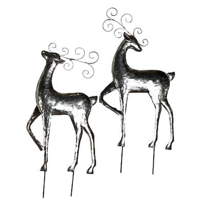 29" Shiny Silver Galvanized Reindeer Yard Stake, Set of 2 - Multicolor