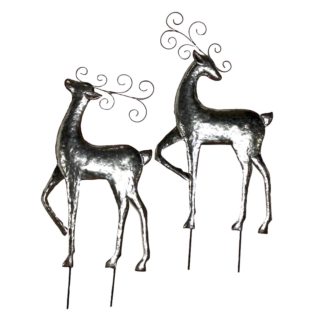 29" Shiny Silver Galvanized Reindeer Yard Stake, Set of 2 - Multicolor