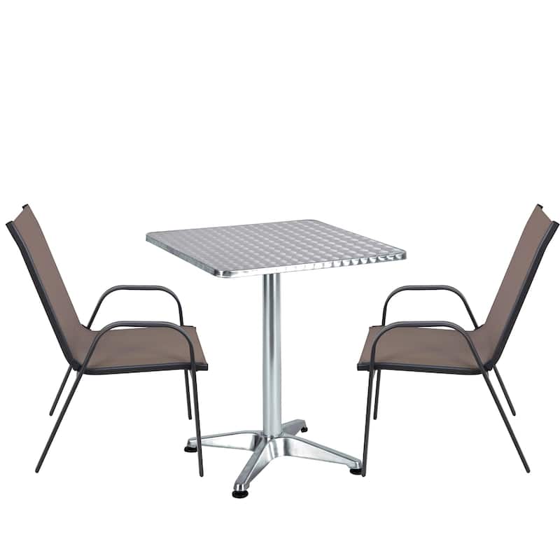 BTEXPERT Indoor Outdoor 23.75" Square Restaurant Table Steel Aluminum + 2 Brown Flexible Sling Stack Chairs - Brown