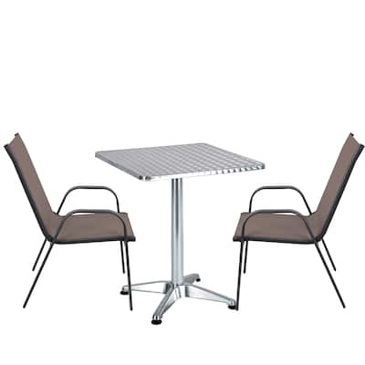 BTEXPERT Indoor Outdoor 23.75" Square Restaurant Table Steel Aluminum + 2 Brown Flexible Sling Stack Chairs