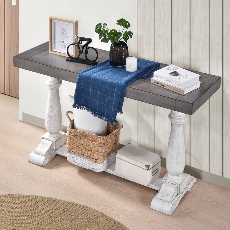 30-Inch Pedestal Sofa Table, Rustic Farmhouse Design, Solid Wood Look, Retro Style for Living Room