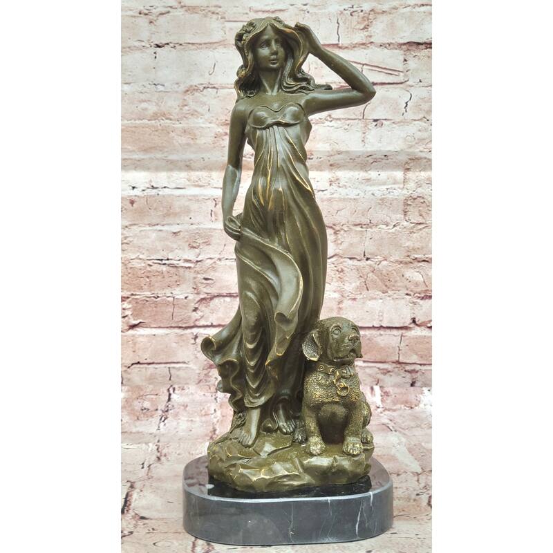Bronze Lady With Loyal Imitative Dog Sculpture On Marble Base By Aldo Vitaleh