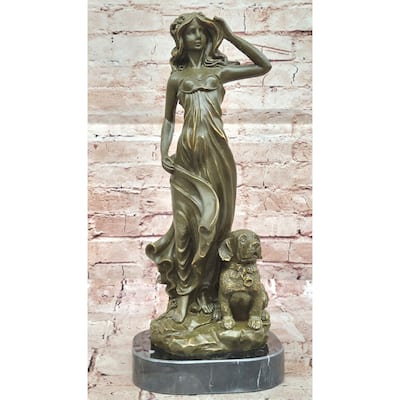 Bronze Lady With Loyal Imitative Dog Sculpture On Marble Base By Aldo Vitaleh