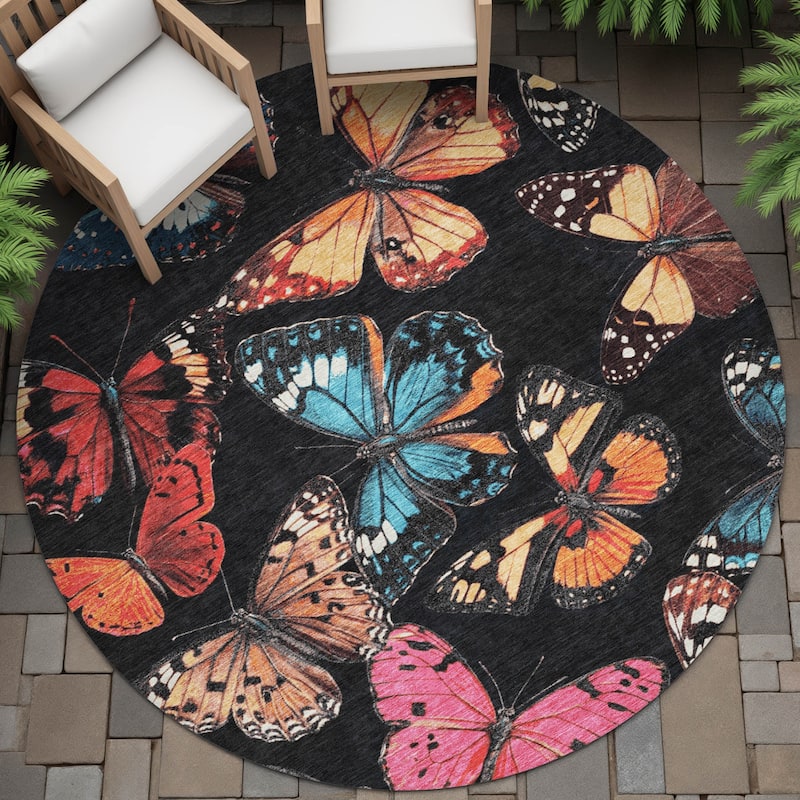 Machine Washable Indoor/Outdoor Butterflies Chantille Rug - Black - 8' x 8'