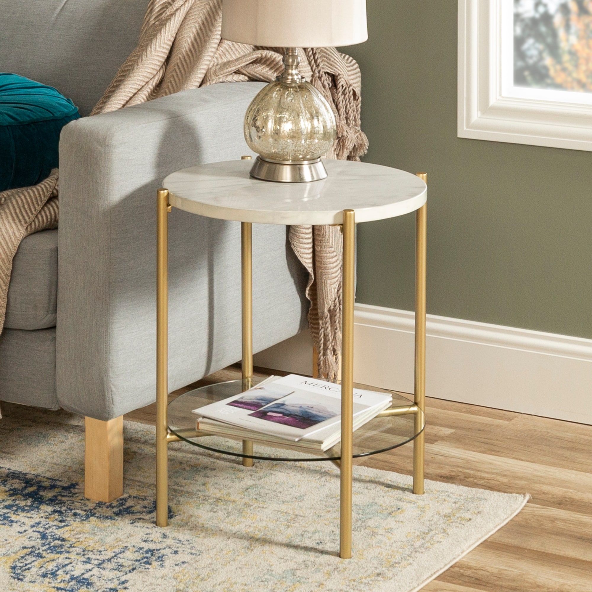 Round Side Table Accent Table End Table Coffee Table Nightstand w/ Glass Top 