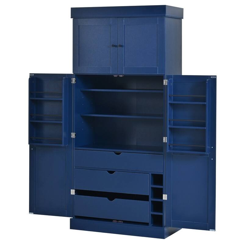 Freestanding 77"Tall Kitchen Pantry with Adjustable Shelves,Door Shelves, Drawers and Wine Racks