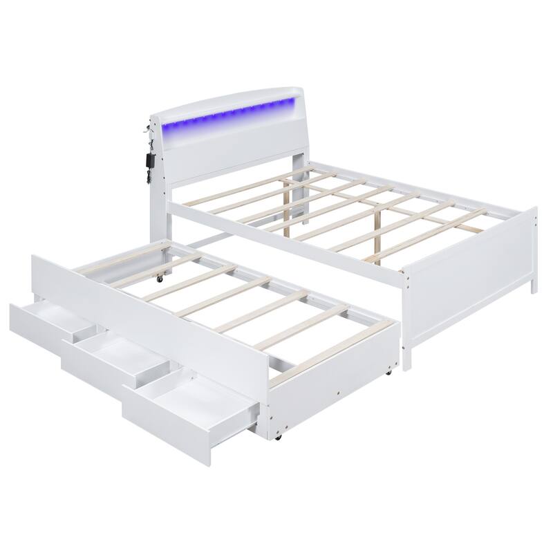 White Full Size Storage Platform Bed with LED Headboard, Twin Trundle and 3 Drawers