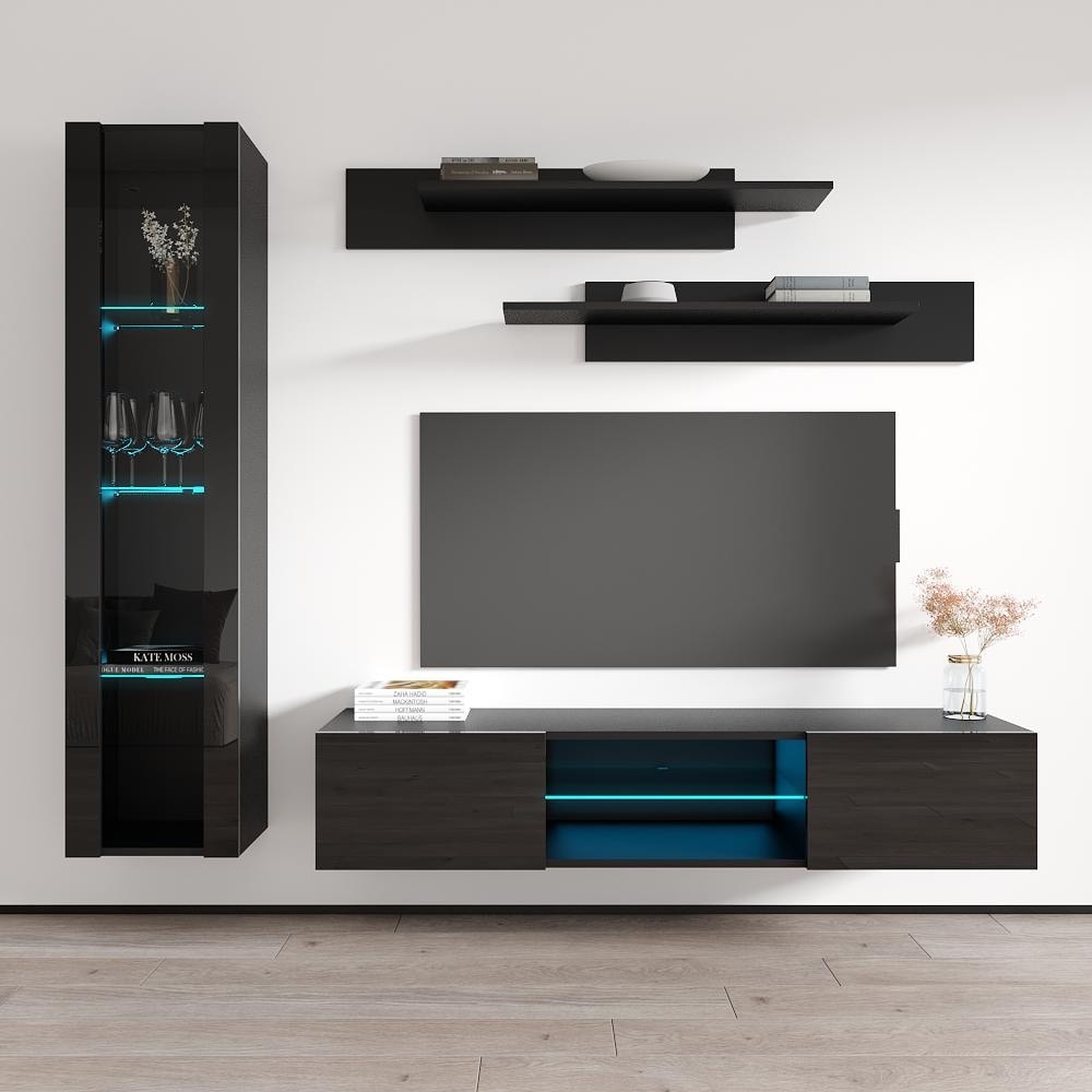 Meble Furniture Fly G2 83" Wall-Mounted Ent Center with Tempered Glass Shelves and LED Lighting for up to 70" TVs