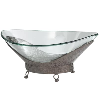 Tempered Glass Kitchen Serving Bowl with Brown Metal Base - Clear - Roche River Decor