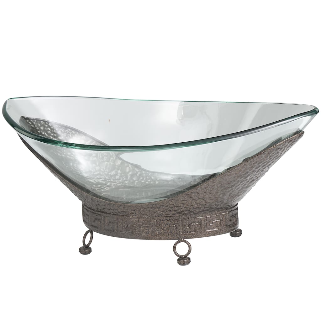 Tempered Glass Kitchen Serving Bowl with Brown Metal Base - Clear - Roche River Decor
