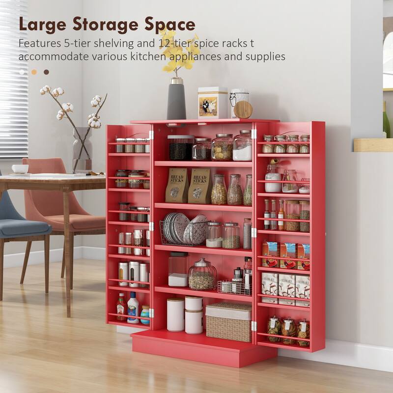 HOMCOM 41" Kitchen Pantry, Modern 2-Door Kitchen Storage Cabinet with 5-tier Shelving, 12 Spice Racks and Adjustable Shelves