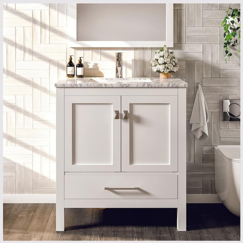 Eviva London 30"W x 18"D White Bathroom Vanity with Carrara Quartz Countertop and Undermount Porcelain Sink