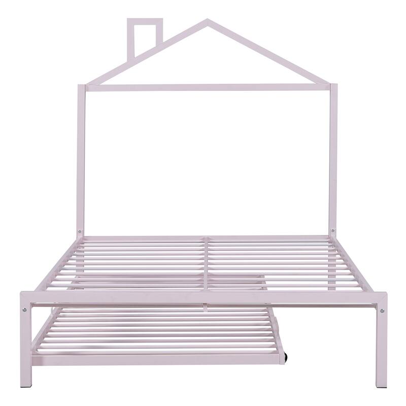 Full Size House Shaped Metal Platform Bed with Trundle