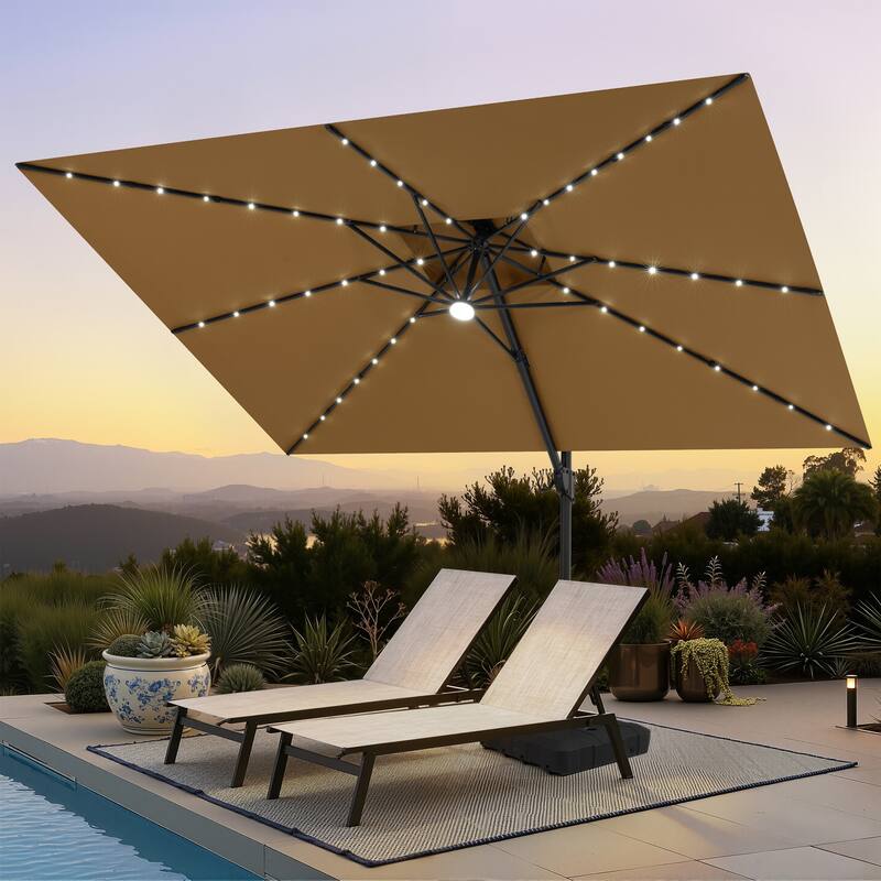 12 x 9 FT Outdoor Patio Cantilever Umbrella with Solar Lights Double Canopy 360 Rotation Tilt with Wheel Base - Tan