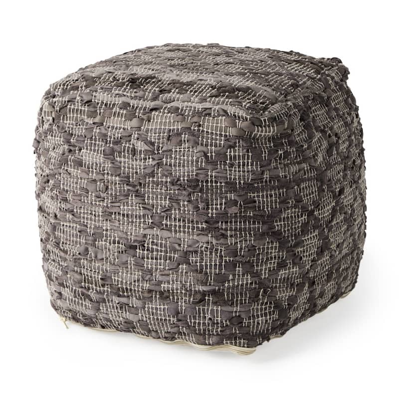 HomeRoots 16" Brown and Gray Cotton And Leather Geometric Cube Pouf Ottoman