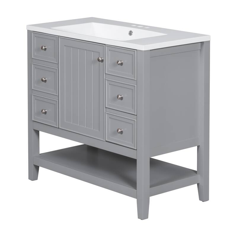 Bathroom Vanity with Sink, Bathroom Vanity with 1 Cabinet and 3 Drawers, Solid Wood Storage Cabinet with Open Shelf