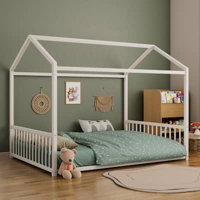 Montessori Metal House Bed with End Guardrails by Harper&Bright Designs