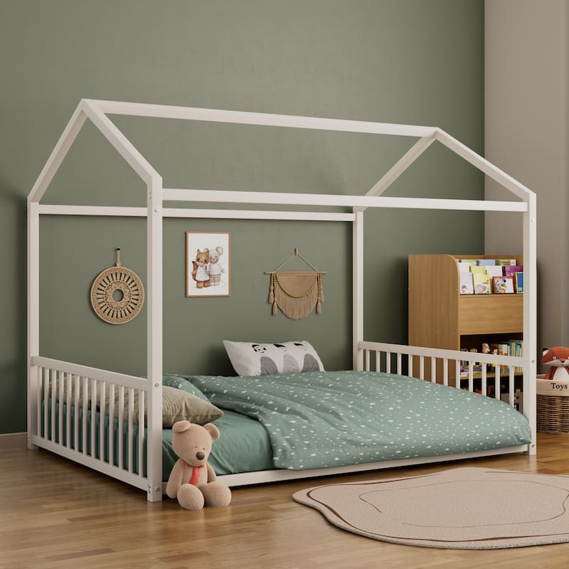 Montessori Style Metal Floor Bed Frame, House Shaped Bed for Kids and Toddlers, No Slats, House Bed