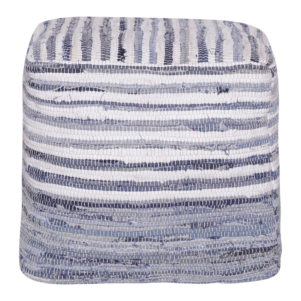 Distressed Striped Square Pouf Ottoman - 18" - Blue and White