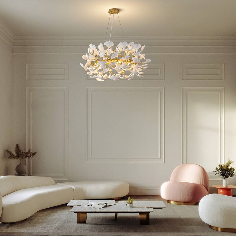 Modern Ginkgo Leaf Ceramic Chandelier, Moon Ring Round Pendant Light, D550-D1200, Gold Finish