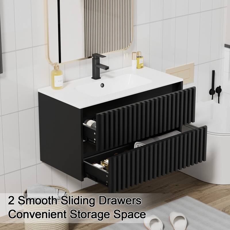 Wall Mounted Bathroom Vanity Set Mid-Century Storage Cabinet with Ceramic Sink