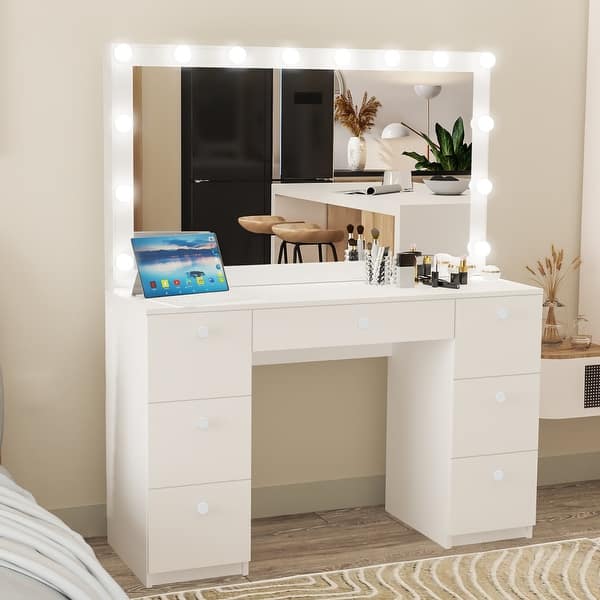 Boahaus Freya White 7drawer Vanity Dressing Table with Lighted Mirror