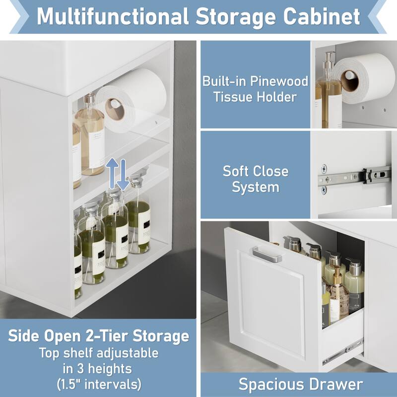 21.8 Inch Vanity With Sink,Wall Mounted Floating Cabinet,1 Drawer,Adjustable Shelf,Toilet Paper Holder,Soft-Close System