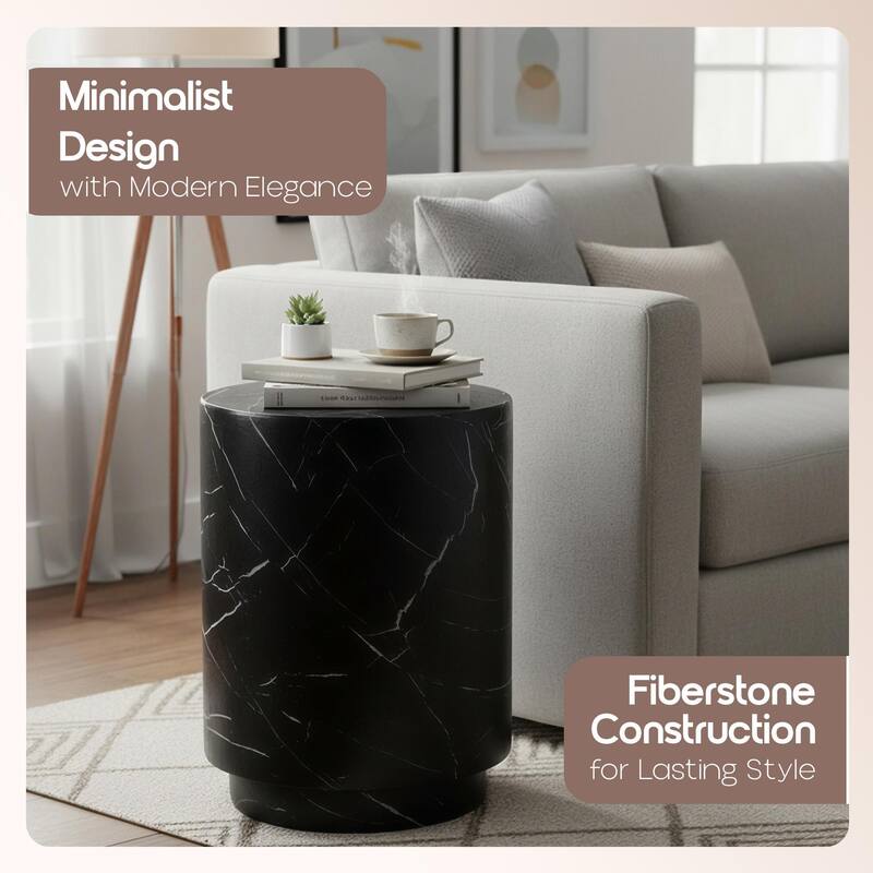 Ramble 14-inch Modern Fiberstone Round Side Table - Sculptural Tapered Pedestal Base End Table for Patio or Living Room