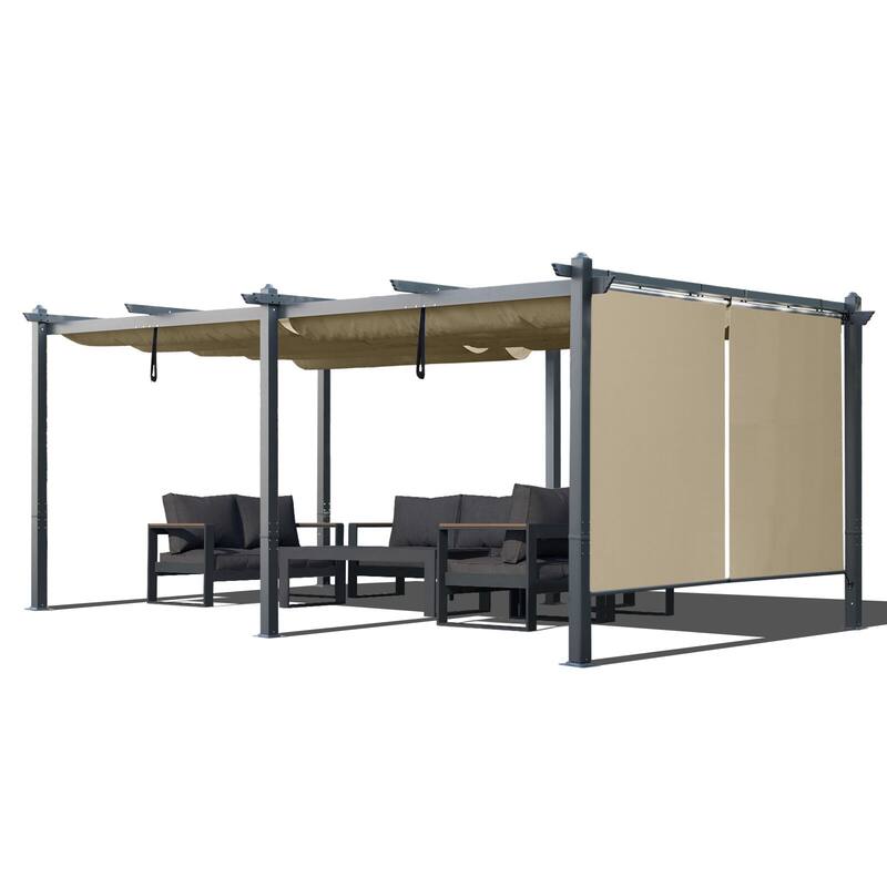 Aoodor Outdoor Pergola with Retractable Shade Canopy, Dark Gray Matte Aluminum Frame - Khaki