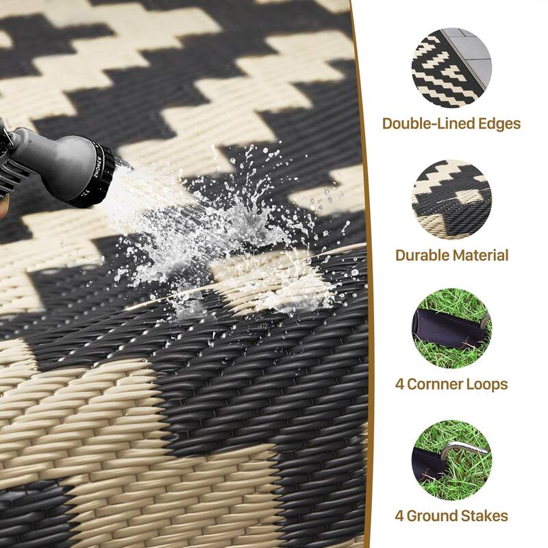 Reversible Charcoal Geometric Low-Pile Recyclable Plastic Outdoor Rug - 9'X12'
