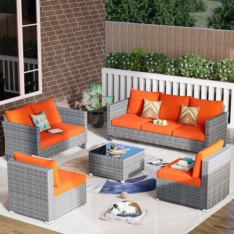 OVIOS 5-Piece Deep Seat Wicker Outdoor Patio Furniture Set - Orange/Red