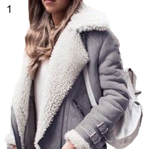 Shop Winter Suede Faux Fur Lapel Buckle Strap Long Sleeve Women