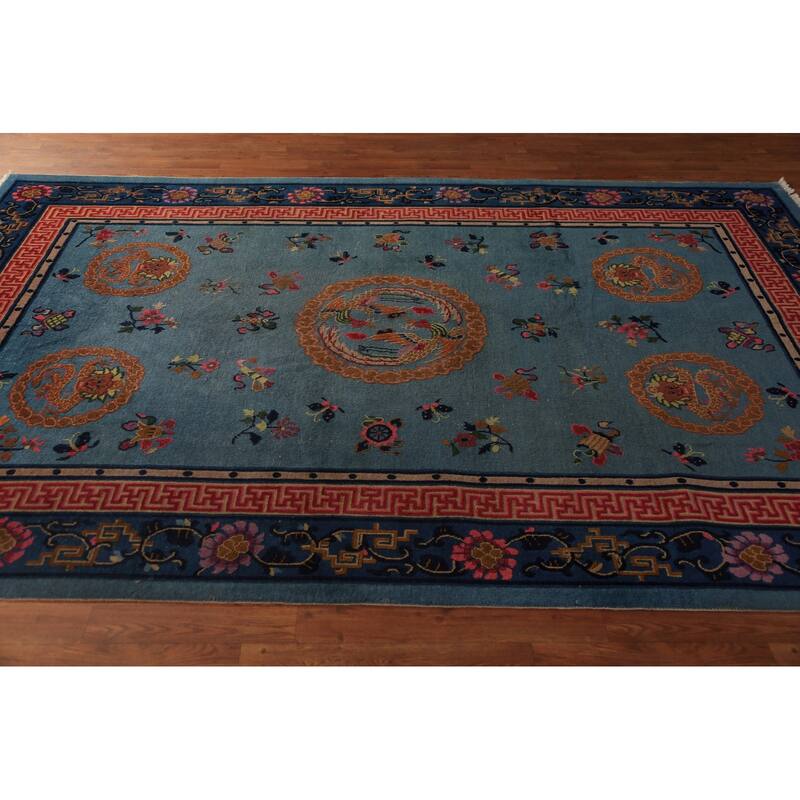 Vegetable Dye Blue Art Deco Chinese Vintage Handmade Wool Carpet - 6'5" x 9'7"