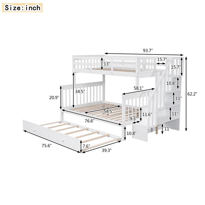 Twin-Over-Full Bunk Bed with Trundle, Storage Stairway and Guard Rail