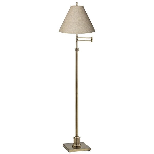 Swing Arm Floor Lamp Antique Brass Fine Burlap Empire Shade - 28
