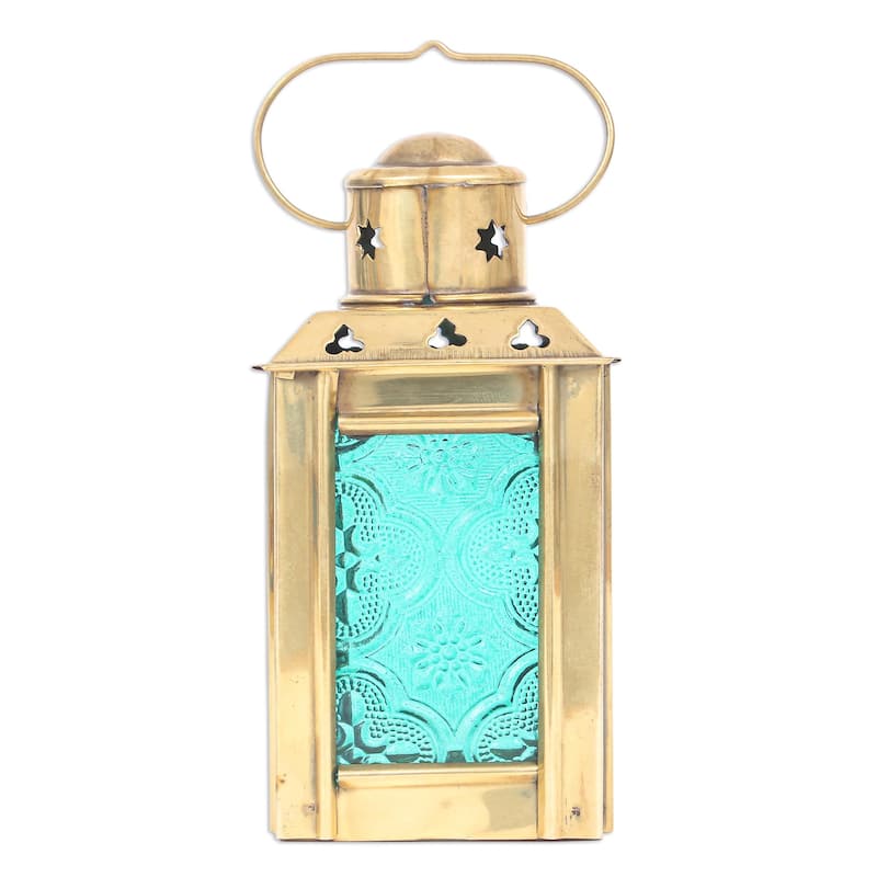 Novica Handmade Lantern In Green Glass And Brass Tealight Holder