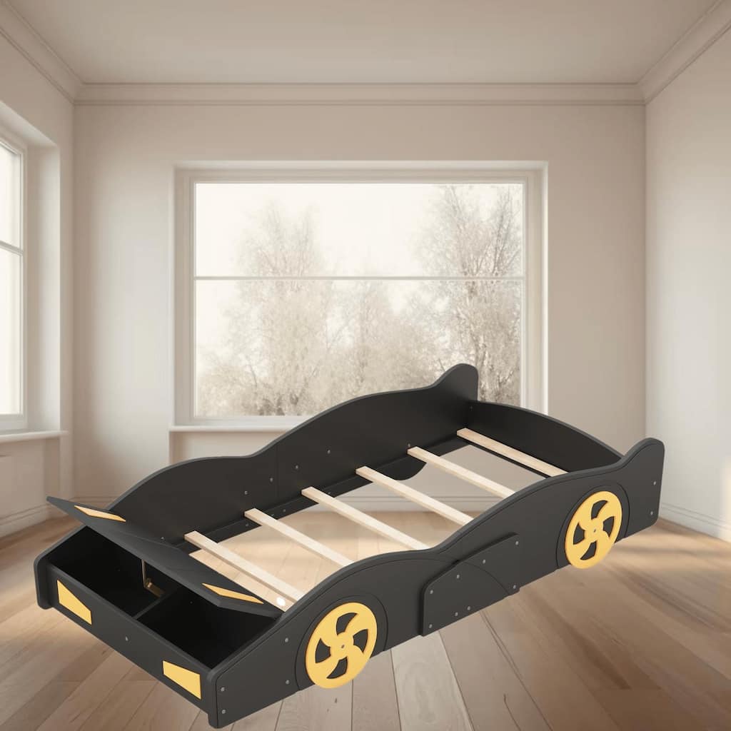 Twin Size Race Car Shaped Platform Bed with Wheels and Storage, Solid Wood Frame, Fun and Functional Design for Kids Bedroom