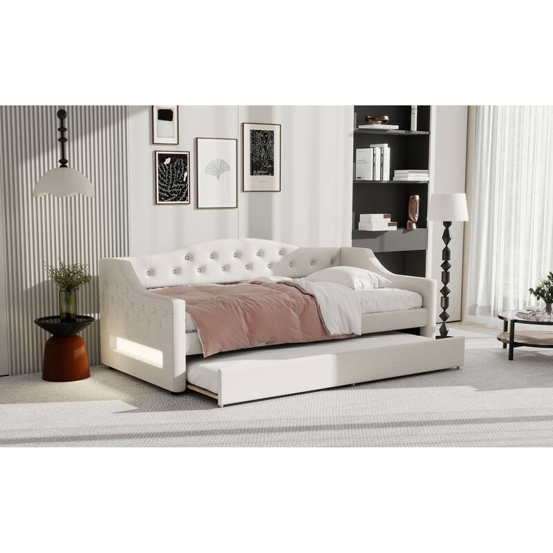 Twin XL Linen Upholstered Daybed with Color-Changing LED Lights and Space-Saving Trundle, Sturdy Frame