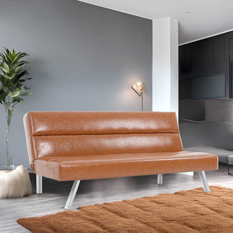 Modern Faux Leather Futon Sofa Bed - Convertible Folding Couch with Chrome Legs, Small Reclining Sofa