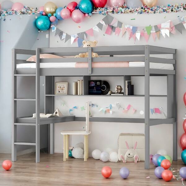 slide 2 of 26, Twin Loft Bed with Built-in Desk and Bookcase Grey