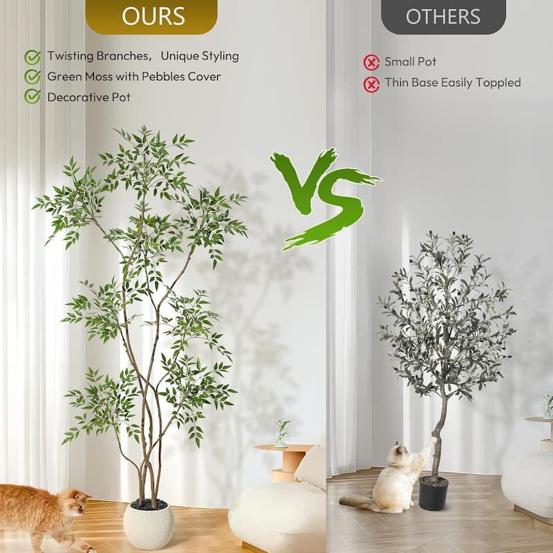 Artificial Plants Indoor, 5FT Tall Faux Floor Plant in Pot, Nandina Artificial Tree with Grey Planter