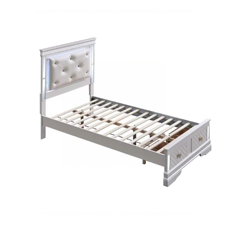 Pearl White Twin Bed with LED Headboard, Mirror Trim, and Storage Drawers